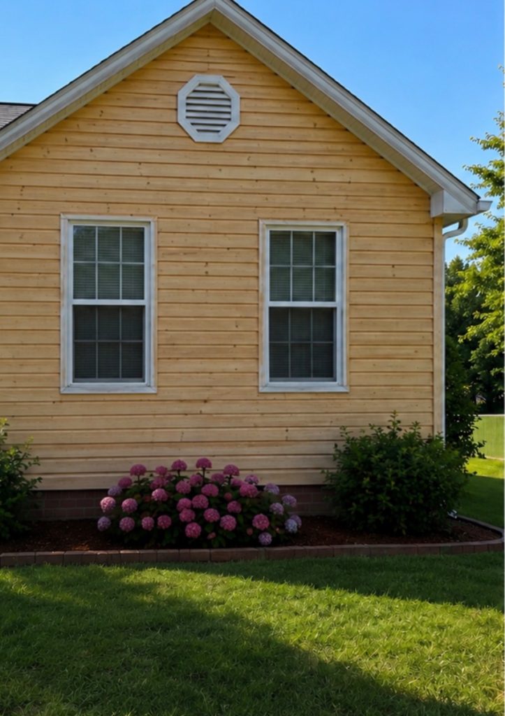 Beige wooden house exterior with two white-framed windows and a pink hydrangea shrub in a brick-edged flower bed under a blue sky.