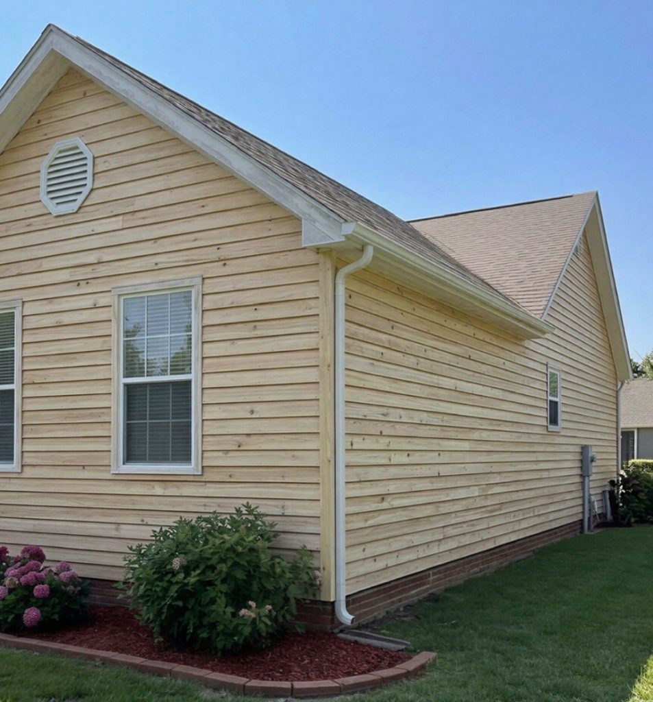 Side view of a beige wooden house with white gutters, a downspout, two windows, and a small flower bed with pink hydrangeas.