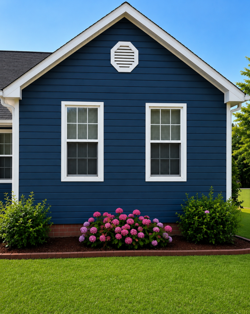 Front view of a blue house with white trim, two white-framed windows, and pink hydrangea bushes in a brick-edged flower bed under a peaked roof.