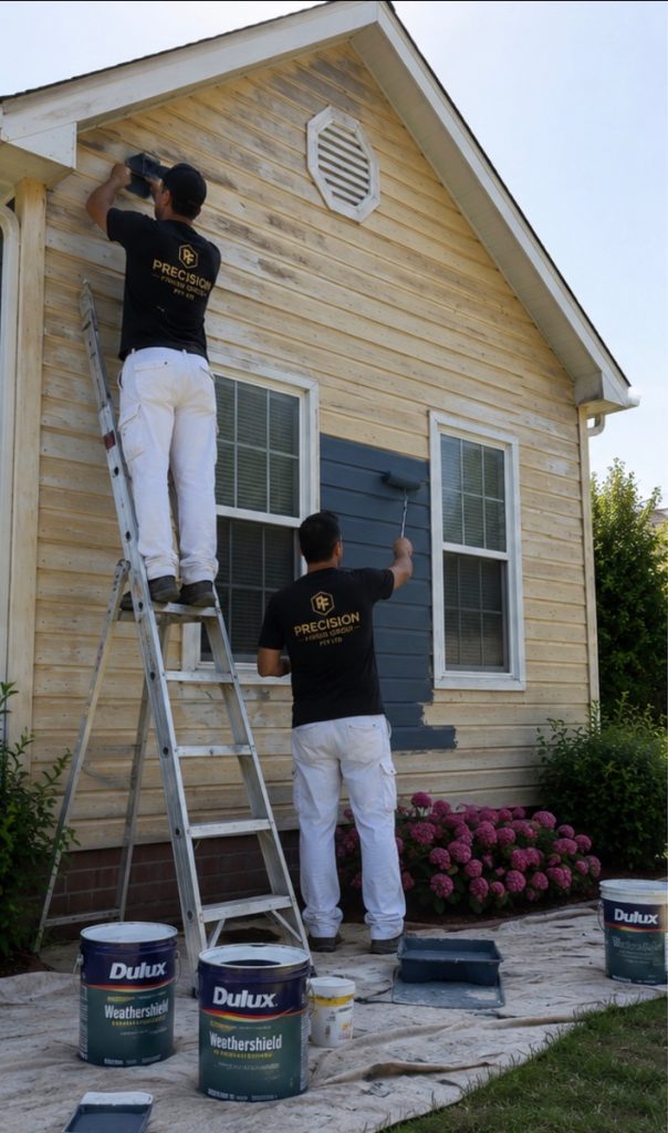 Two workers painting the house exterior blue on beige siding, using a ladder and brushes with Dulux paint cans nearby.