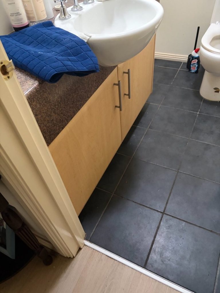 Bathroom scene: white sink on a wooden cabinet, blue quilted towel resting on the counter, dark tiled floor, and a toilet in the corner with cleaning bottle nearby.