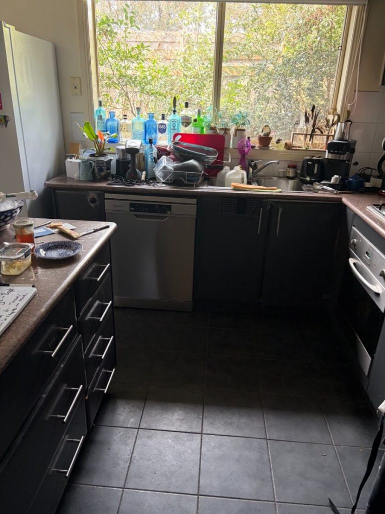 Cluttered kitchen counter by a window with bottles, dishes, and appliances scattered around.