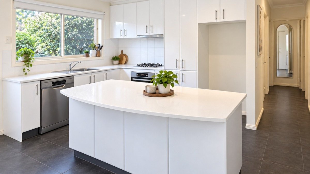 Bright white kitchen cabinets that enhance the space and light.